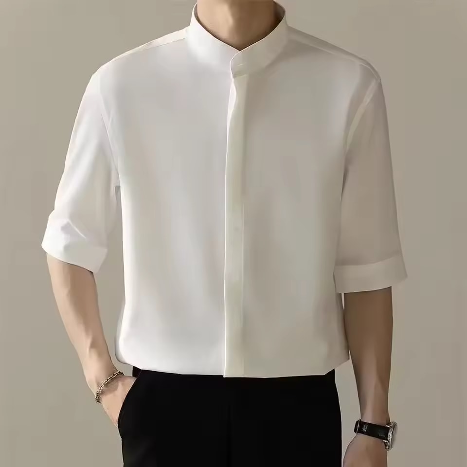 New Men's Casual Stand Collar Shirt Short Sleeve Commute Business Quick Dry Slim Fit High End White Shirt Summer Fashion