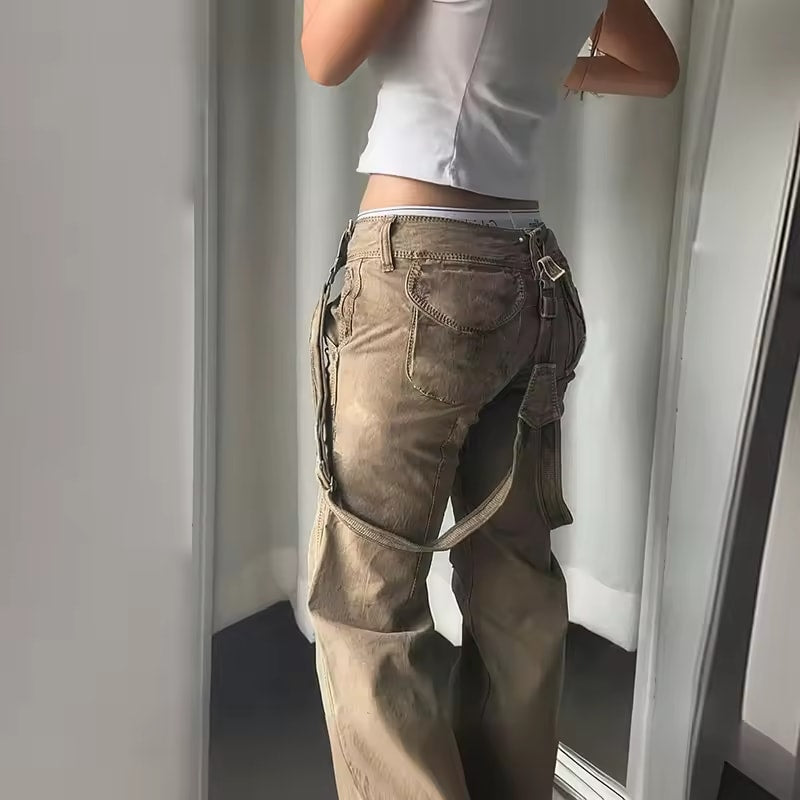 HEYounGIRL Y2K Fashion Women Brown Flare Jeans Vintage Street Low Waisted Cargo Pants 90s Outfits Harajuku Denim Trousers Retro