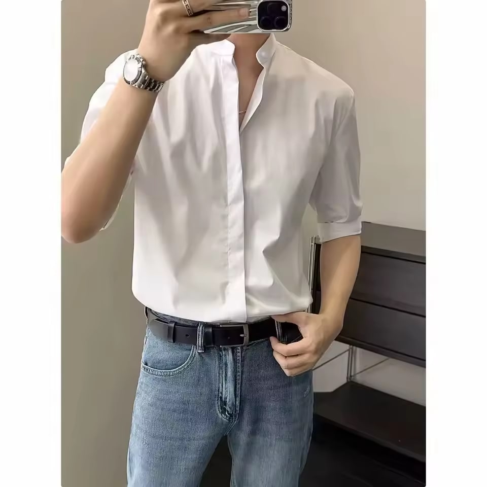 New Men's Casual Stand Collar Shirt Short Sleeve Commute Business Quick Dry Slim Fit High End White Shirt Summer Fashion