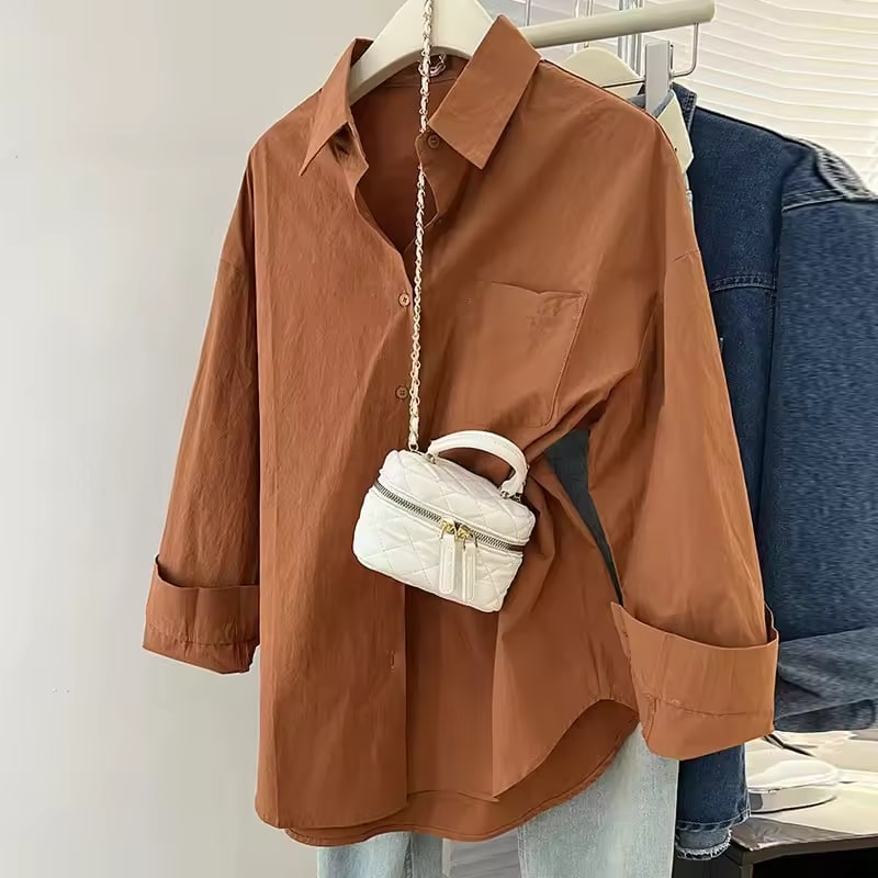 Spring Autumn Sugar Color Women's Inner Wear Loose Fit Versatile Slimming Shirt Outer Wear Long Sleeve Luxury Korean Version Top